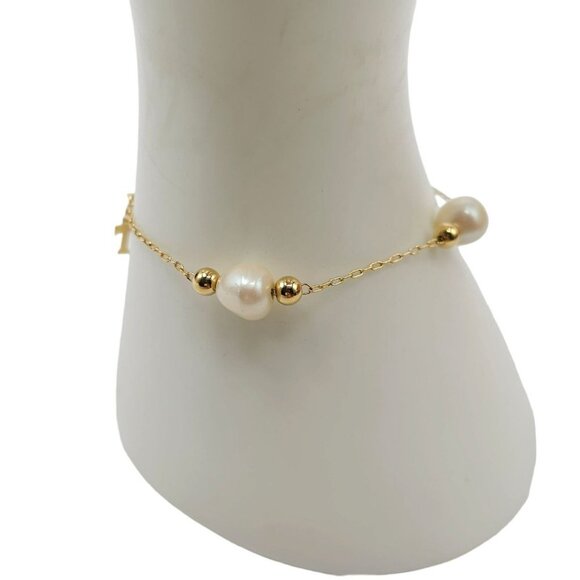 Trifari Faux Pearl Chain Bangle Bracelet Gold Tone Spring Ring Closure Vintage - Picture 2 of 4